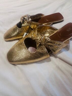 Zara Gold Metallic Knot Mule Flats